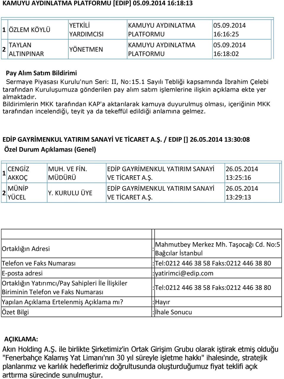 Bildirimlerin MKK tarafından KAP'a aktarılarak kamuya duyurulmuş olması, içeriğinin MKK tarafından incelendiği, EDİP GAYRİMENKUL YATIRIM SANAYİ VE TİCARET A.Ş. / EDIP [] 26.05.