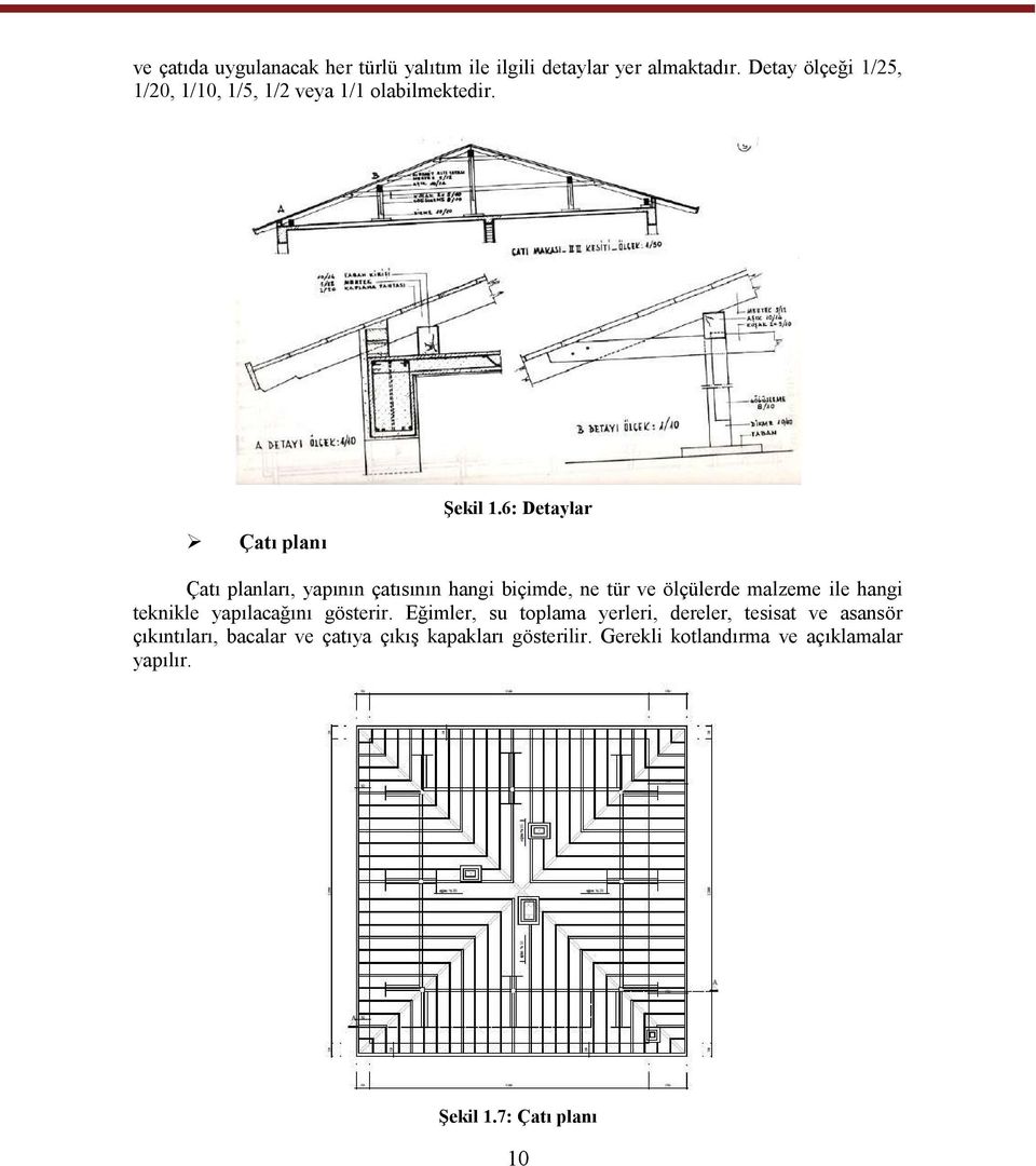 6: Detaylar Çatı planları, yapının çatısının hangi biçimde, ne tür ve ölçülerde malzeme ile hangi teknikle