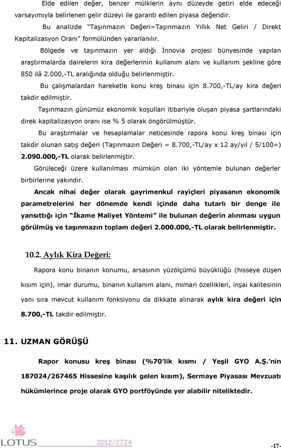 Bölgede ve taşınmazın yer aldığı İnnovia projesi bünyesinde yapılan araştırmalarda dairelerin kira değerlerinin kullanım alanı ve kullanım şekline göre 850 ilâ 2.