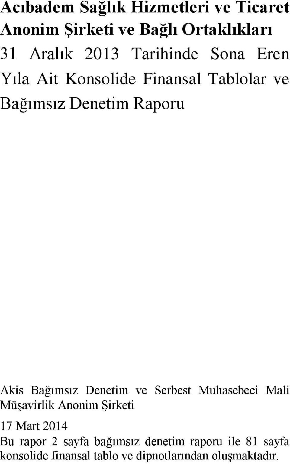 Bağımsız Denetim ve Serbest Muhasebeci Mali Müşavirlik Anonim Şirketi 17 Mart 2014 Bu rapor