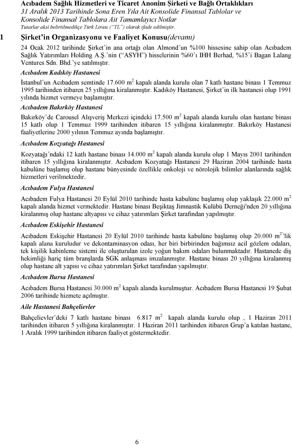 Bhd. ye satılmıştır. Acıbadem Kadıköy Hastanesi İstanbul un Acıbadem semtinde 17.600 m 2 kapalı alanda kurulu olan 7 katlı hastane binası 1 Temmuz 1995 tarihinden itibaren 25 yıllığına kiralanmıştır.