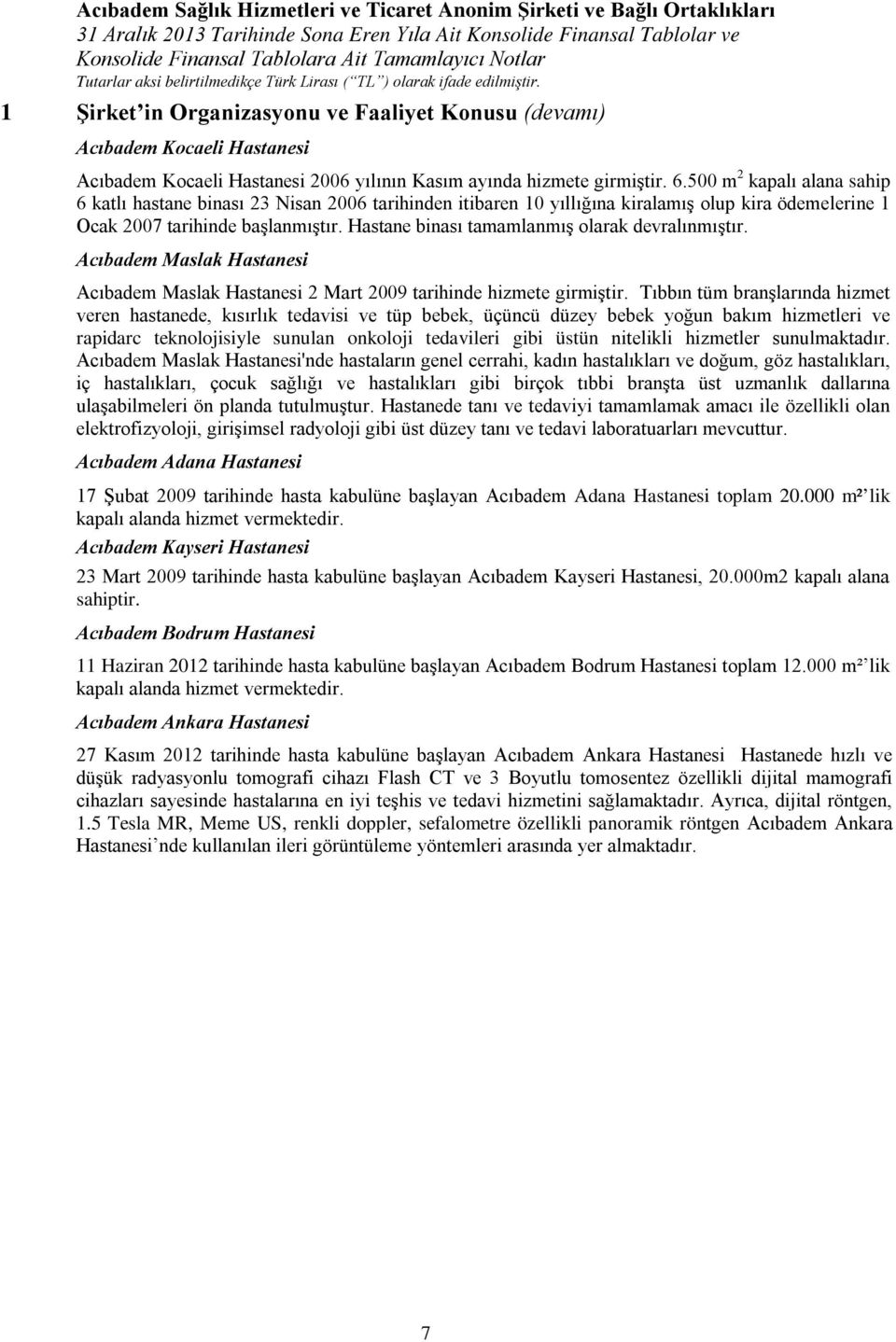 500 m 2 kapalı alana sahip 6 katlı hastane binası 23 Nisan 2006 tarihinden itibaren 10 yıllığına kiralamış olup kira ödemelerine 1 Ocak 2007 tarihinde başlanmıştır.