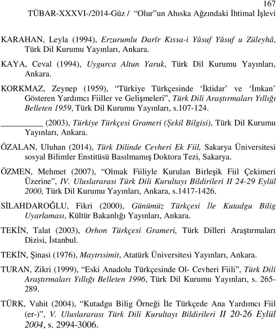 KORKMAZ, Zeynep (1959), Türkiye Türkçesinde Đktidar ve Đmkan Gösteren Yardımcı Fiiller ve Gelişmeleri, Türk Dili Araştırmaları Yıllığı Belleten 1959, Türk Dil Kurumu Yayınları, s.107-124.