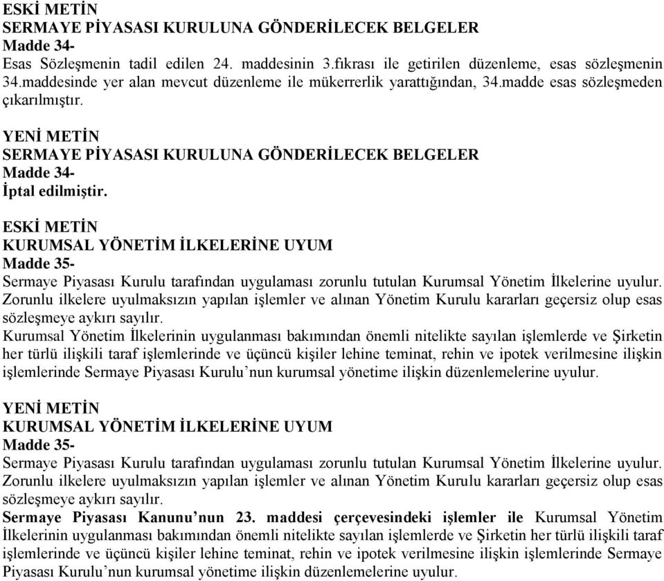 KURUMSAL YÖNETĠM ĠLKELERĠNE UYUM Madde 35- Sermaye Piyasası Kurulu tarafından uygulaması zorunlu tutulan Kurumsal Yönetim İlkelerine uyulur.