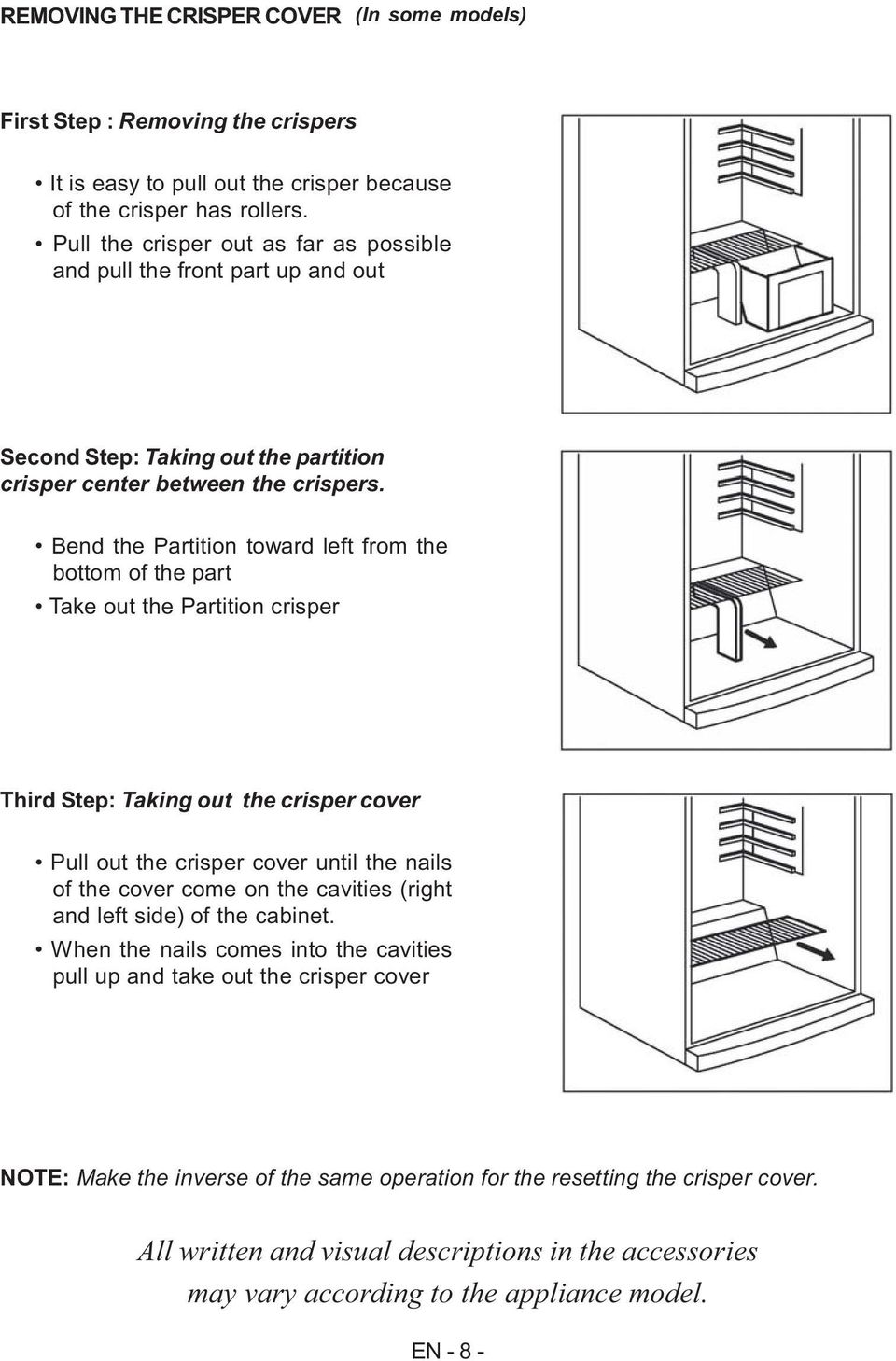 Bend the Partition toward left from the bottom of the part Take out the Partition crisper Third Step: Taking out the crisper cover Pull out the crisper cover until the nails of the cover come on the