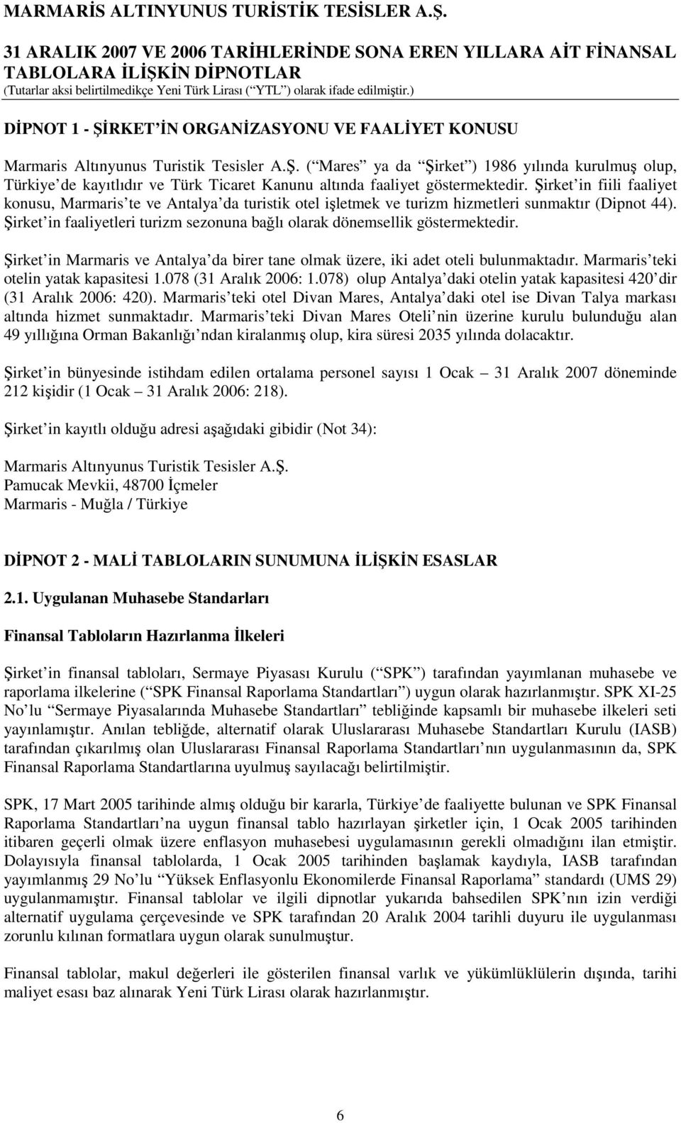 Şirket in faaliyetleri turizm sezonuna bağlı olarak dönemsellik göstermektedir. Şirket in Marmaris ve Antalya da birer tane olmak üzere, iki adet oteli bulunmaktadır.