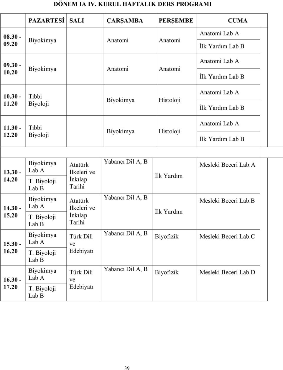 30-12.20 Tıbbi Biyoloji Biyokimya Histoloji Anatomi Lab A İlk Yardım Lab B 13.30-14.20 14.30-15.20 15.30-16.20 16.30-17.20 Biyokimya Lab A T. Biyoloji Lab B Biyokimya Lab A T.