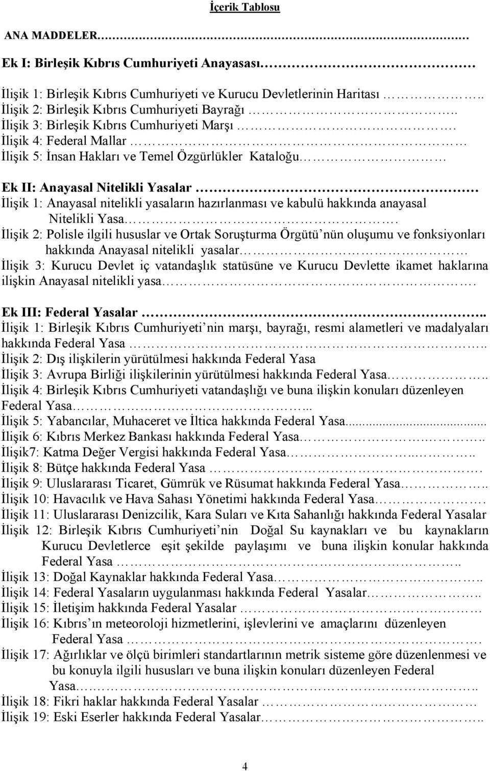 İlişik 4: Federal Mallar İlişik 5: İnsan Hakları ve Temel Özgürlükler Kataloğu Ek II: Anayasal Nitelikli Yasalar İlişik 1: Anayasal nitelikli yasaların hazırlanması ve kabulü hakkında anayasal