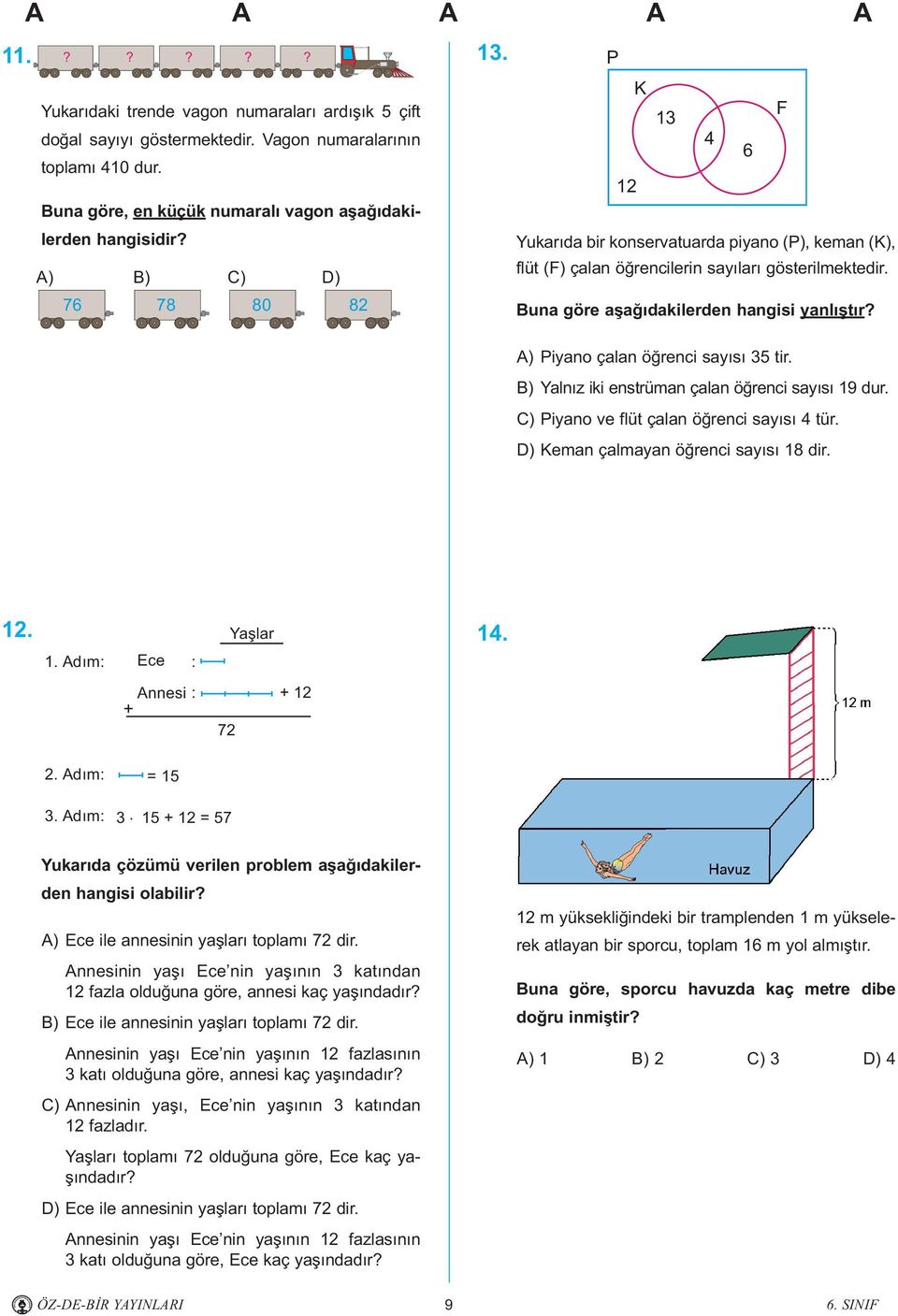 A) B) C) D) 76 78 80 82 P K F 13 4 6 12 Yukarýda bir konservatuarda piyano (P), keman (K), flüt (F) çalan öðrencilerin sayýlarý gösterilmektedir. Buna göre aþaðýdakilerden hangisi yanlýþtýr?