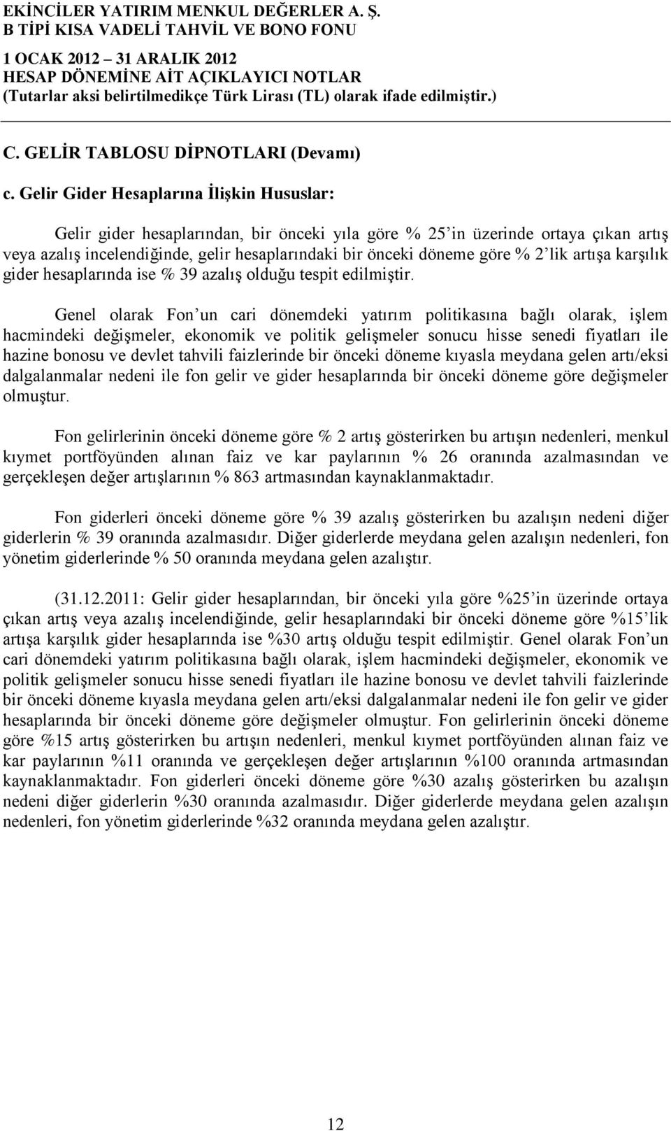 2 lik artışa karşılık gider hesaplarında ise % 39 azalış olduğu tespit edilmiştir.