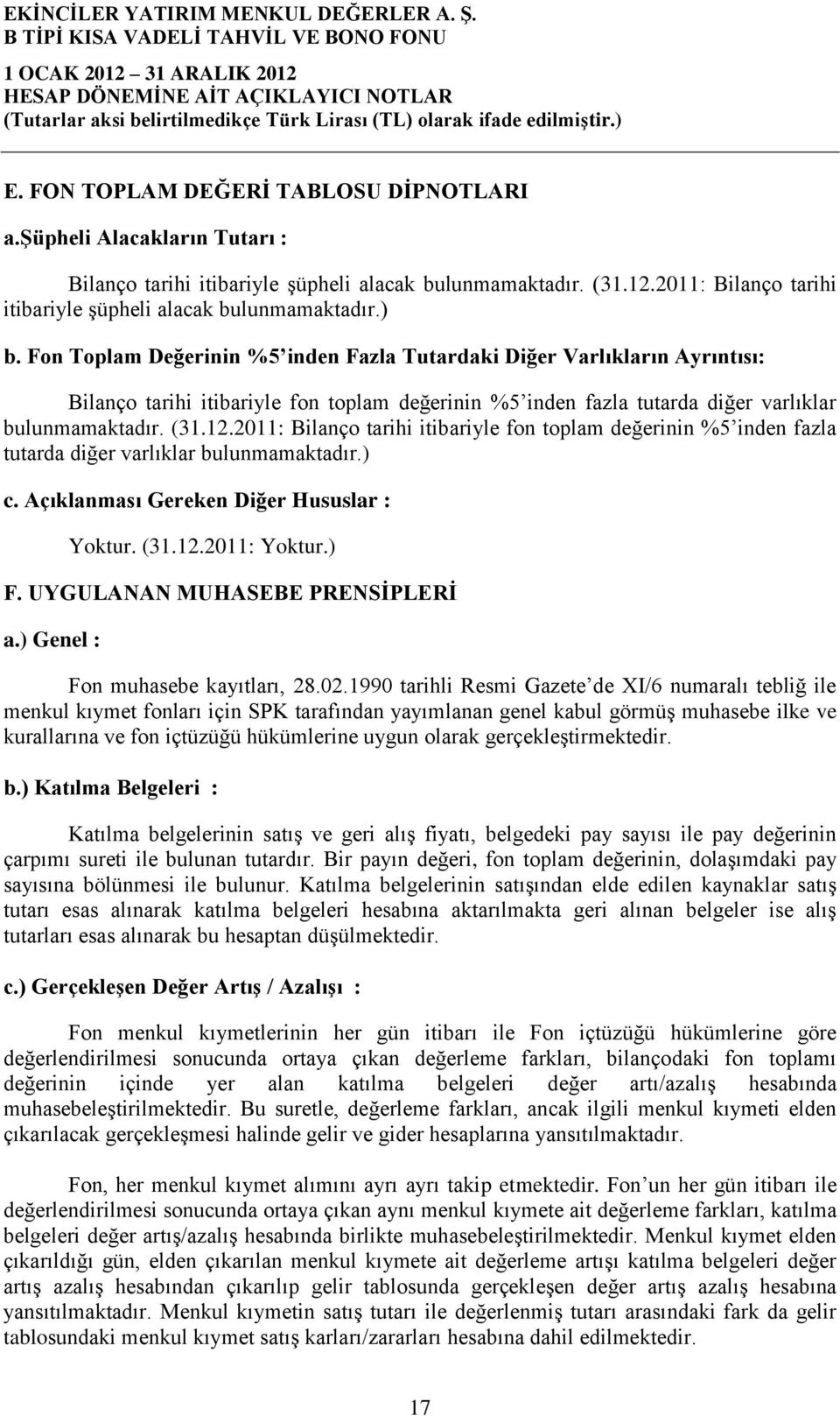 2011: Bilanço tarihi itibariyle fon toplam değerinin %5 inden fazla tutarda diğer varlıklar bulunmamaktadır.) c. Açıklanması Gereken Diğer Hususlar : Yoktur. (31.12.2011: Yoktur.) F.