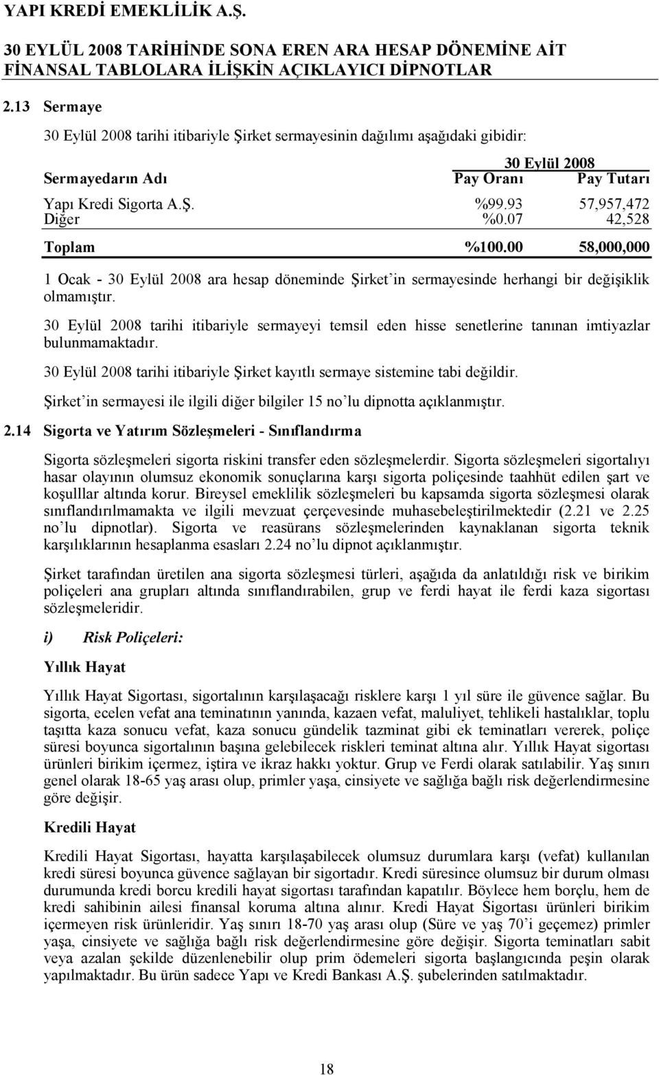 tarihi itibariyle =irket kaytl sermaye sistemine tabi de.ildir. =irket in sermayesi ile ilgili di.er bilgiler 15 no lu dipnotta açklanmtr. 2.