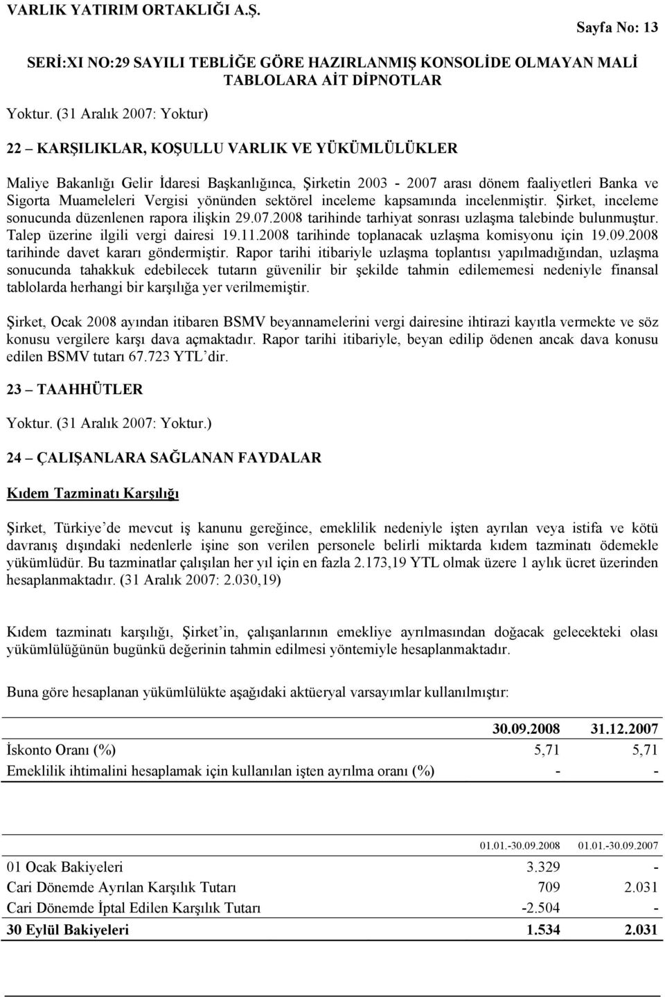 yönünden sektörel inceleme kapsamında incelenmiştir. Şirket, inceleme sonucunda düzenlenen rapora ilişkin 29.07.2008 tarihinde tarhiyat sonrası uzlaşma talebinde bulunmuştur.