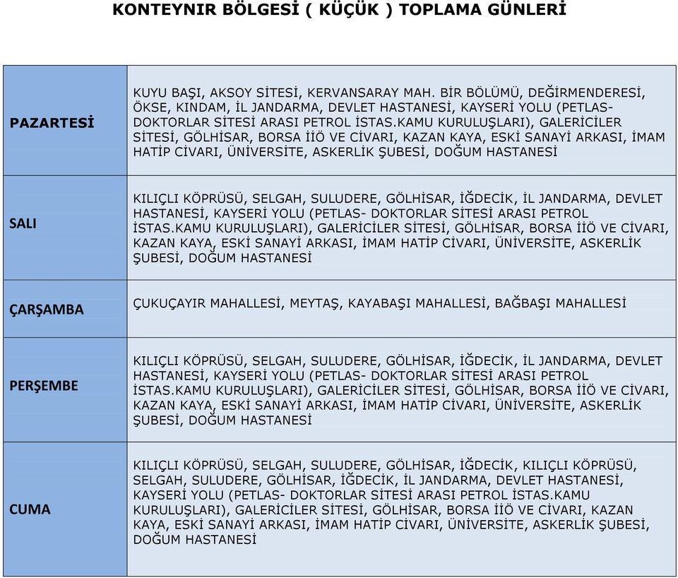 KAMU KURULUŞLARI), GALERİCİLER SİTESİ, GÖLHİSAR, BORSA İİÖ VE CİVARI, KAZAN KAYA, ESKİ SANAYİ ARKASI, İMAM HATİP CİVARI, ÜNİVERSİTE, ASKERLİK ŞUBESİ, DOĞUM HASTANESİ KILIÇLI KÖPRÜSÜ, SELGAH,