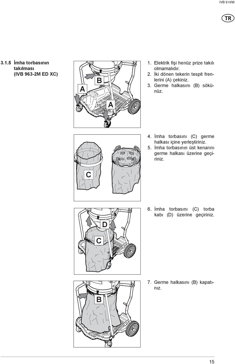 İmha torbasını (C) germe halkası içine yerleştiriniz. 5.