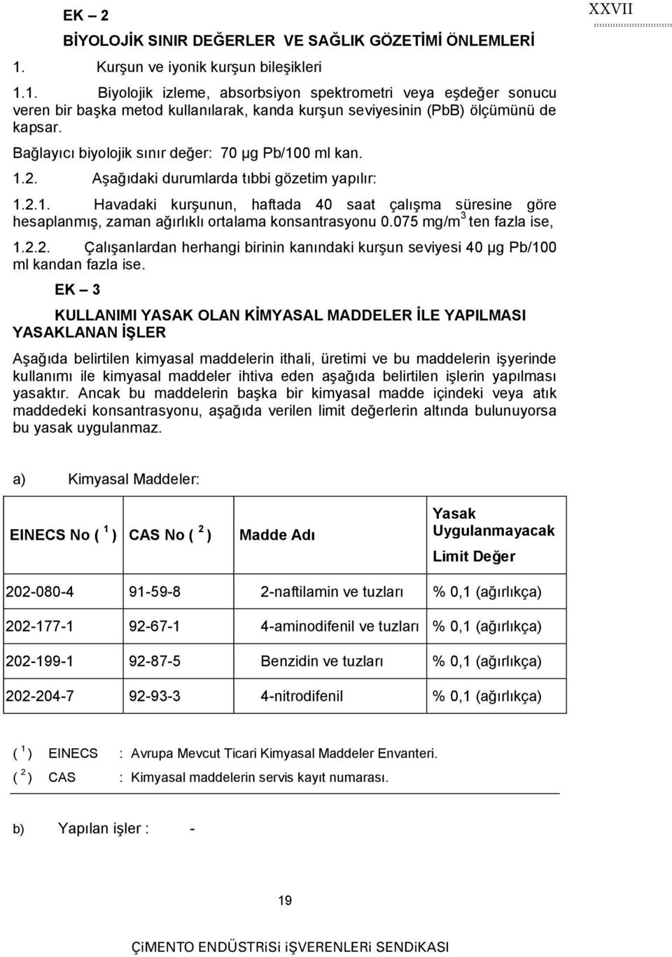 Bağlayıcı biyolojik sınır değer: 70 μg Pb/100 ml kan. 1.2. Aşağıdaki durumlarda tıbbi gözetim yapılır: 1.2.1. Havadaki kurşunun, haftada 40 saat çalışma süresine göre hesaplanmış, zaman ağırlıklı ortalama konsantrasyonu 0.