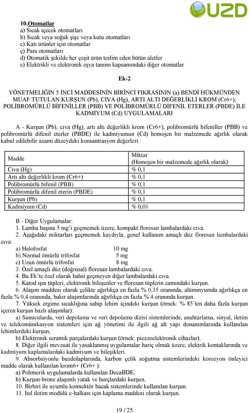 KROM (Cr6+), POLİBROMÜRLÜ BİFENİLLER (PBB) VE POLİBROMÜRLÜ DİFENİL ETERLER (PBDE) İLE KADMİYUM (Cd) UYGULAMALARI A - Kurşun (Pb), cıva (Hg), artı altı değerlikli krom (Cr6+), polibromürlü bifeniller