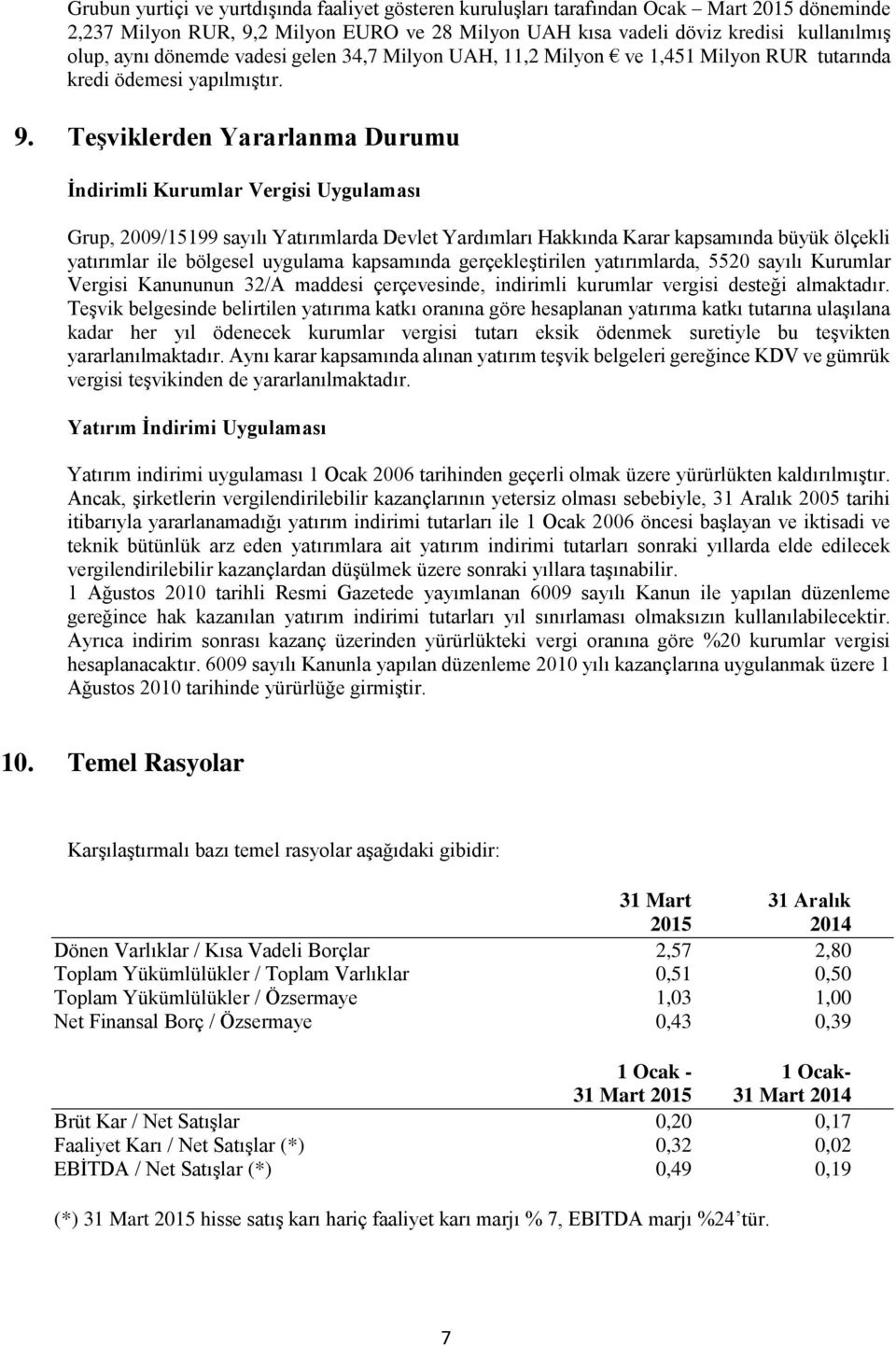 Teşviklerden Yararlanma Durumu İndirimli Kurumlar Vergisi Uygulaması Grup, 2009/15199 sayılı Yatırımlarda Devlet Yardımları Hakkında Karar kapsamında büyük ölçekli yatırımlar ile bölgesel uygulama