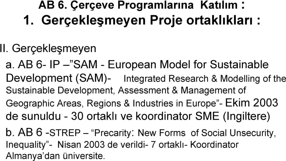 Areas, Regions & Industries in Europe - Ekim 2003 de sunuldu - 30 ortaklı ve koordinator SME (Ingiltere) Integrated Research &