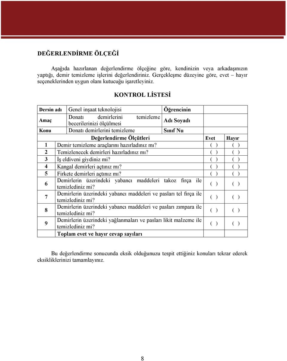 KONTROL LİSTESİ Dersin adı Genel inşaat teknolojisi Öğrencinin Amaç Donatı demirlerini temizleme Adı Soyadı becerilerinizi ölçülmesi Konu Donatı demirlerini temizleme Sınıf Nu Değerlendirme Ölçütleri