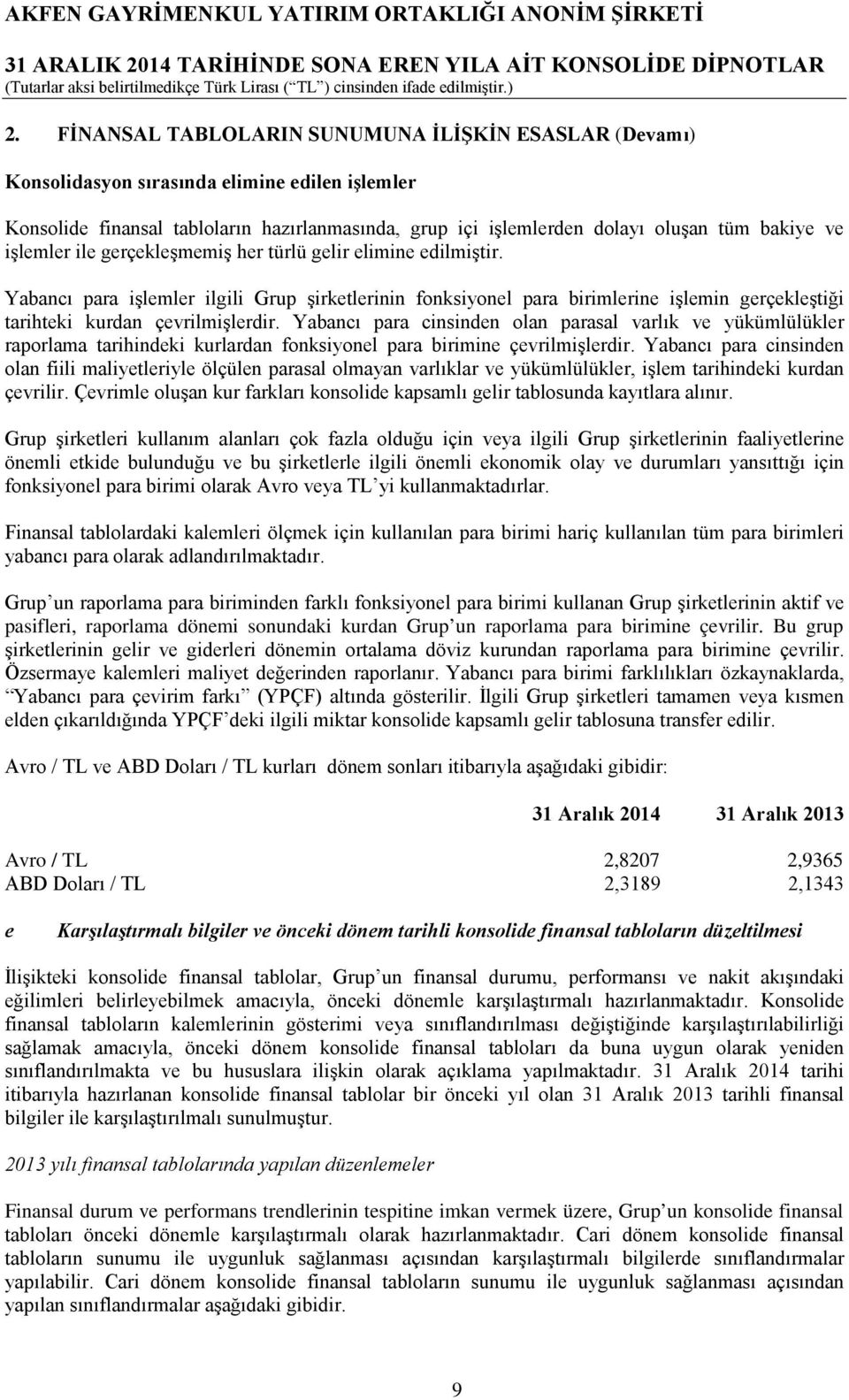 Yabancı para cinsinden olan parasal varlık ve yükümlülükler raporlama tarihindeki kurlardan fonksiyonel para birimine çevrilmişlerdir.