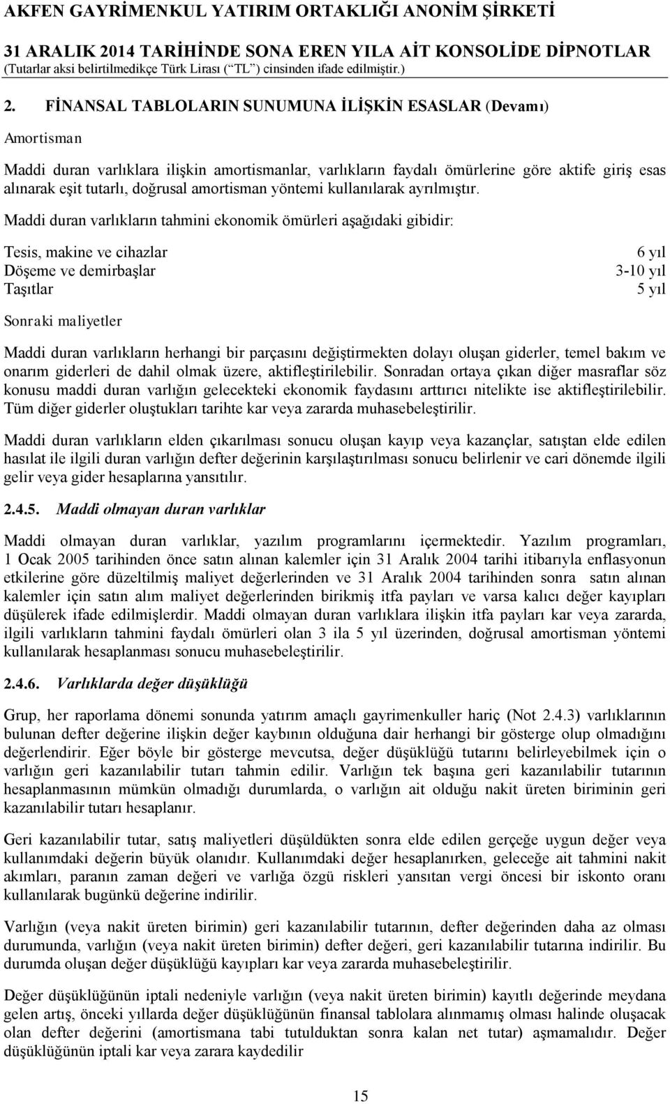 Maddi duran varlıkların tahmini ekonomik ömürleri aşağıdaki gibidir: Tesis, makine ve cihazlar Döşeme ve demirbaşlar Taşıtlar 6 yıl 3-10 yıl 5 yıl Sonraki maliyetler Maddi duran varlıkların herhangi