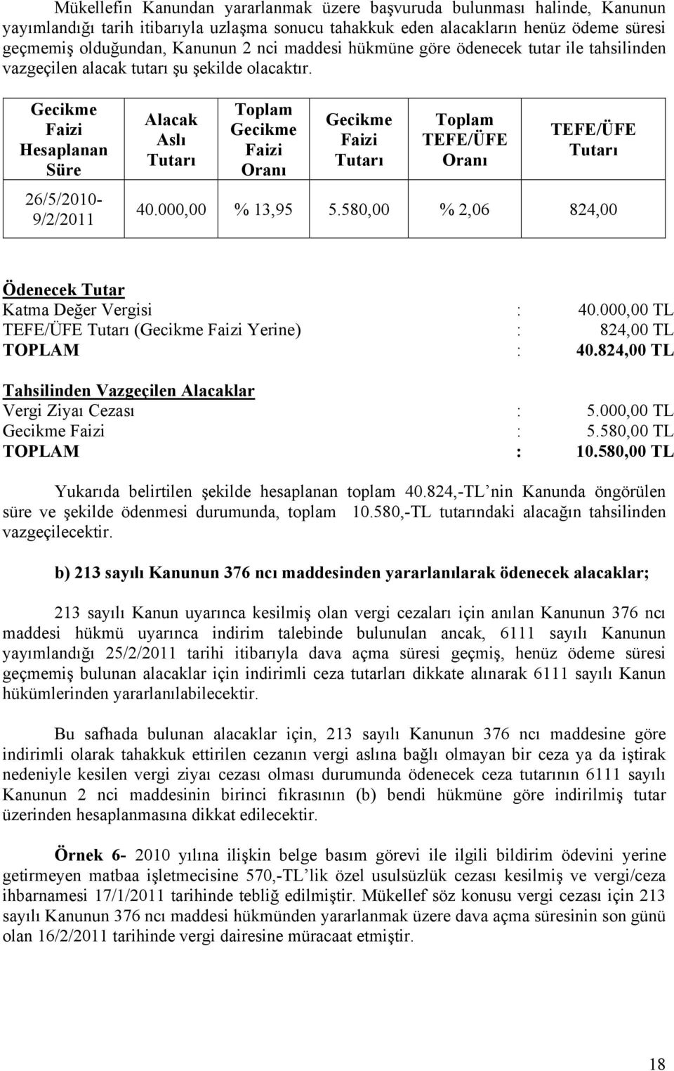 Gecikme Faizi Hesaplanan Süre 26/5/2010-9/2/2011 Alacak Aslı Tutarı Toplam Gecikme Faizi Oranı Gecikme Faizi Tutarı Toplam TEFE/ÜFE Oranı TEFE/ÜFE Tutarı 40.000,00 % 13,95 5.