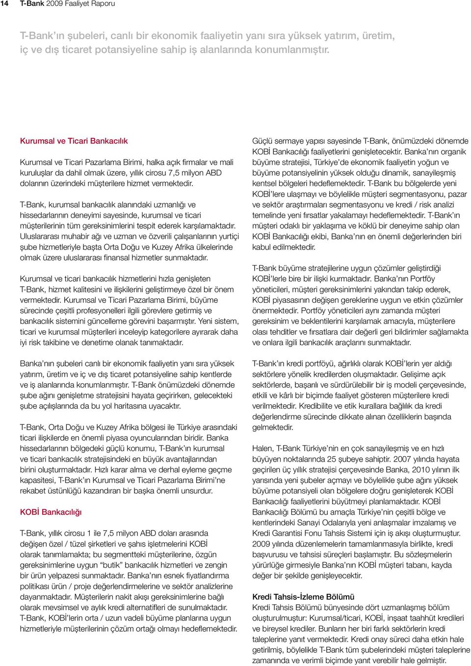 vermektedir. T-Bank, kurumsal bankacılık alanındaki uzmanlığı ve hissedarlarının deneyimi sayesinde, kurumsal ve ticari müşterilerinin tüm gereksinimlerini tespit ederek karşılamaktadır.