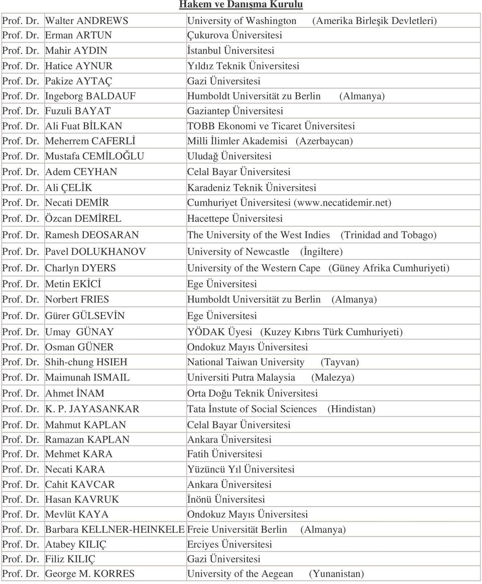 Dr. Meherrem CAFERL Milli limler Akademisi (Azerbaycan) Prof. Dr. Mustafa CEMLOLU Uluda Üniversitesi Prof. Dr. Adem CEYHAN Prof. Dr. Ali ÇELK Prof. Dr. Necati DEMR Prof. Dr. Özcan DEMREL Celal Bayar Üniversitesi Karadeniz Teknik Üniversitesi Cumhuriyet Üniversitesi (www.