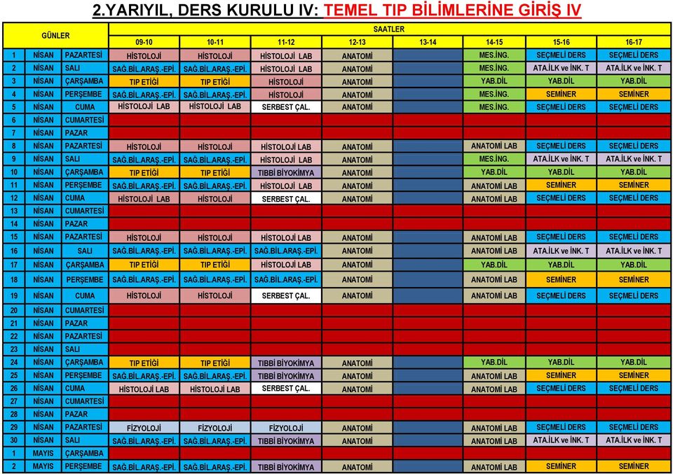 İNG. SEMİNER SEMİNER 5 NİSAN HİSTOLOJİ LAB HİSTOLOJİ LAB SERBEST ÇAL. ANATOMİ MES.İNG. SEÇMELİ DERS SEÇMELİ DERS 6 NİSAN RTESİ 7 NİSAN PAZAR 8 NİSAN HİSTOLOJİ HİSTOLOJİ HİSTOLOJİ LAB ANATOMİ ANATOMİ LAB SEÇMELİ DERS SEÇMELİ DERS 9 NİSAN SAĞ.