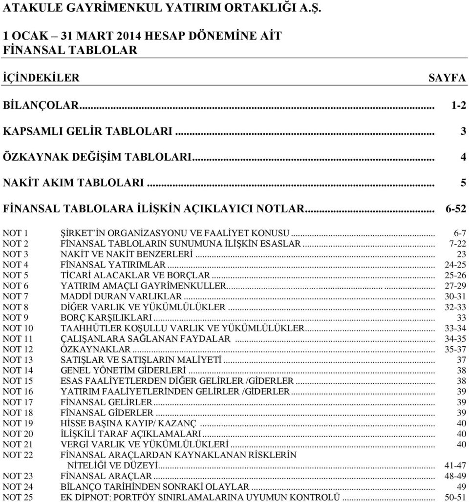 .. 24-25 NOT 5 TİCARİ ALACAKLAR VE BORÇLAR... 25-26 NOT 6 YATIRIM AMAÇLI GAYRİMENKULLER...... 27-29 NOT 7 MADDİ DURAN VARLIKLAR... 30-31 NOT 8 DİĞER VARLIK VE YÜKÜMLÜLÜKLER.