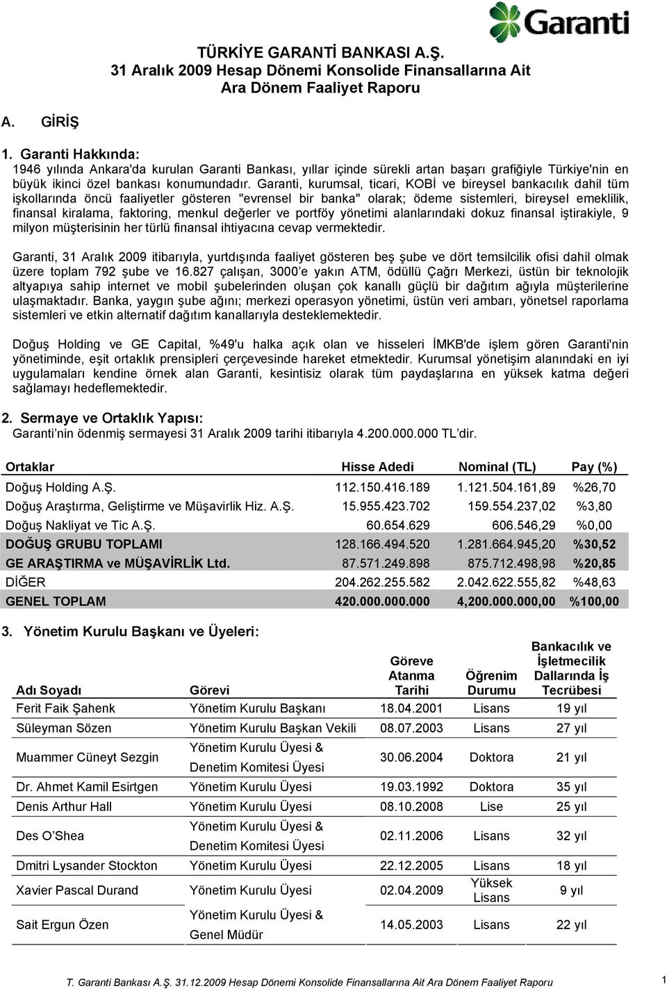 Garanti, kurumsal, ticari, KOBİ ve bireysel bankacılık dahil tüm işkollarında öncü faaliyetler gösteren "evrensel bir banka" olarak; ödeme sistemleri, bireysel emeklilik, finansal kiralama,