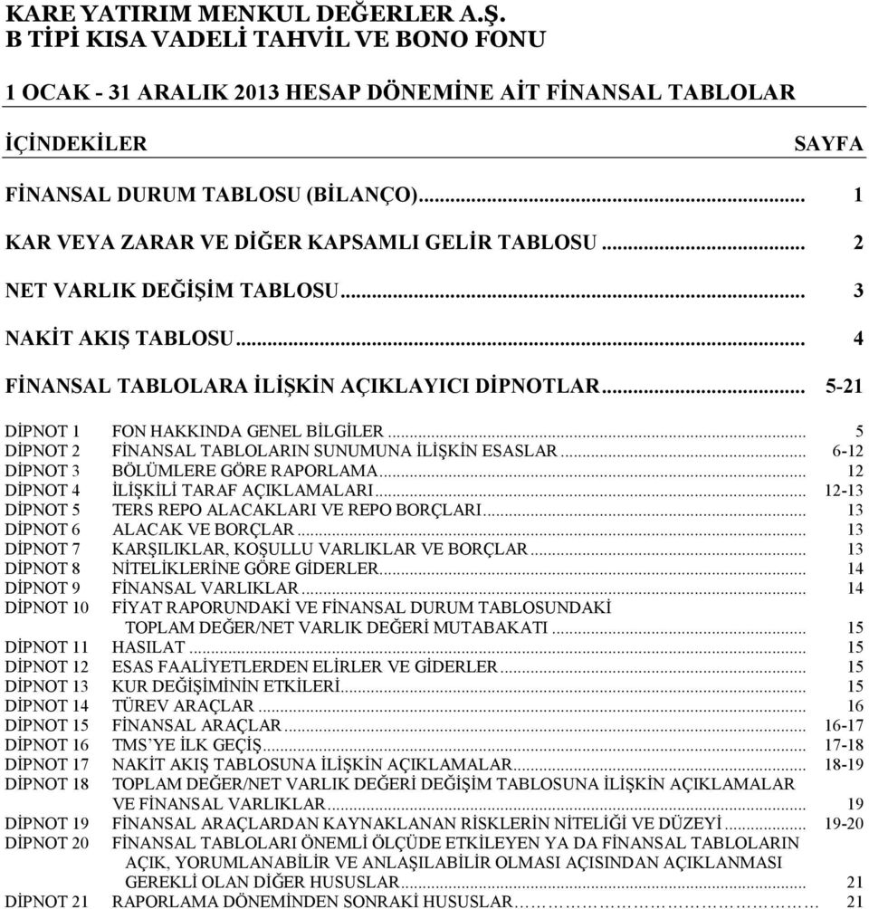 .. 12 DİPNOT 4 İLİŞKİLİ TARAF AÇIKLAMALARI... 12-13 DİPNOT 5 TERS REPO ALACAKLARI VE REPO BORÇLARI... 13 DİPNOT 6 ALACAK VE BORÇLAR... 13 DİPNOT 7 KARŞILIKLAR, KOŞULLU VARLIKLAR VE BORÇLAR.