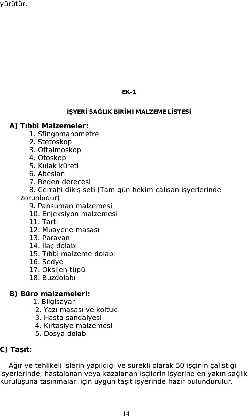 Tıbbi malzeme dolabı 16. Sedye 17. Oksijen tüpü 18. Buzdolabı B) Büro malzemeleri: 1. Bilgisayar 2. Yazı masası ve koltuk 3. Hasta sandalyesi 4. Kırtasiye malzemesi 5.