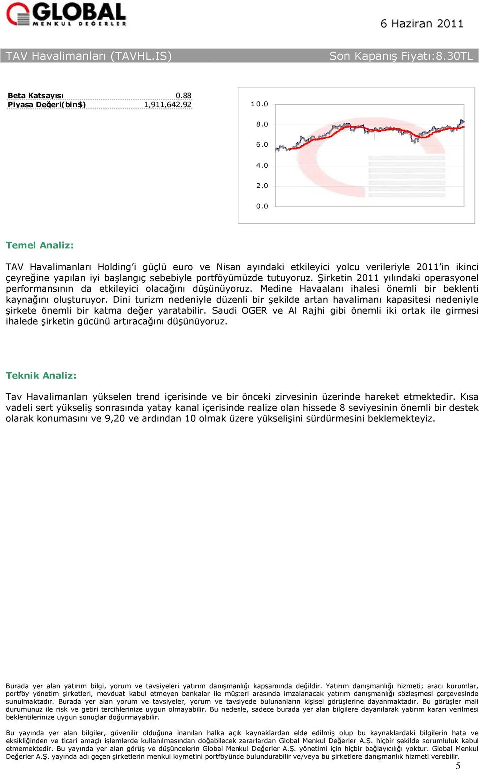 Şirketin 2011 yılındaki operasyonel performansının da etkileyici olacağını düşünüyoruz. Medine Havaalanı ihalesi önemli bir beklenti kaynağını oluşturuyor.