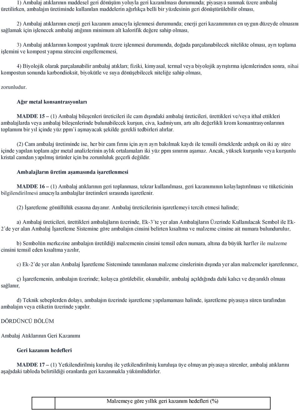 minimum alt kalorifik değere sahip olması, 3) Ambalaj atıklarının kompost yapılmak üzere işlenmesi durumunda, doğada parçalanabilecek nitelikte olması, ayrı toplama işlemini ve kompost yapma sürecini