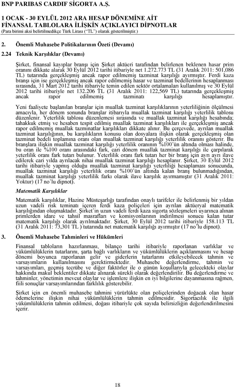 773 TL (31 Aralık 2011: 501,086 TL) tutarında gerçekleşmiş ancak rapor edilmemiş tazminat karşılığı ayırmıştır.