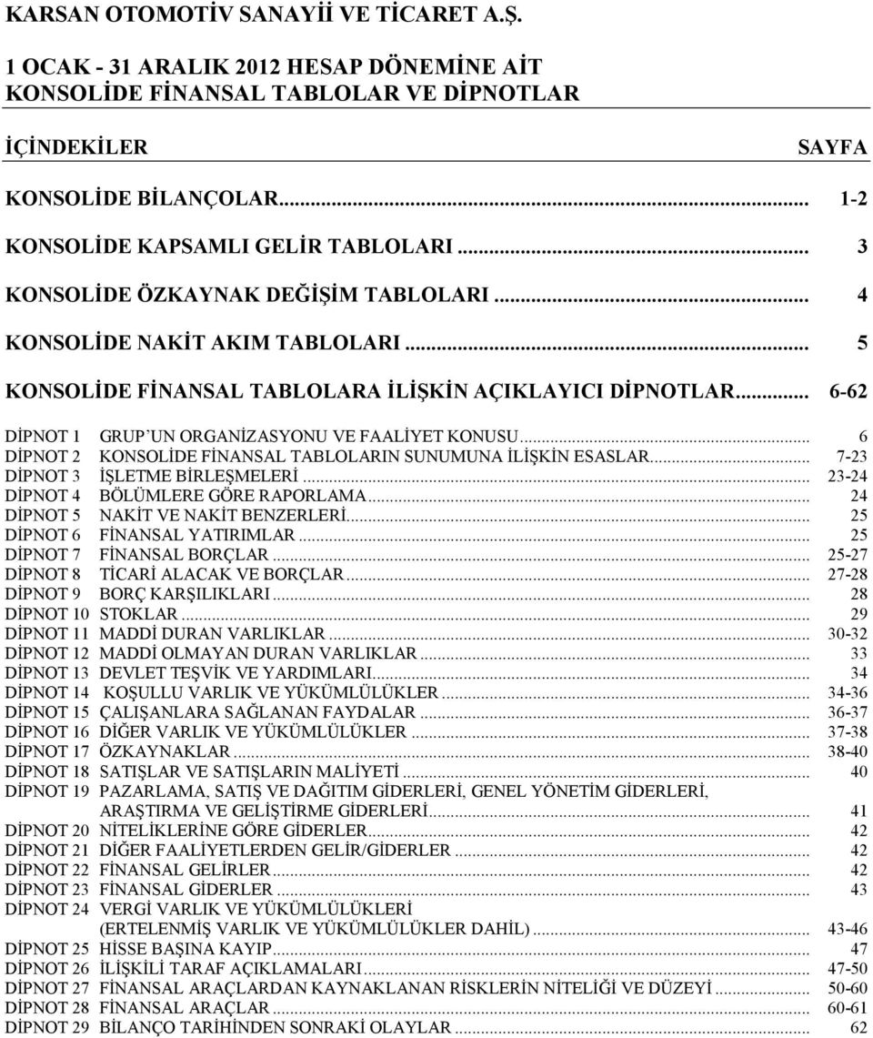 .. 6 DİPNOT 2 KONSOLİDE FİNANSAL TABLOLARIN SUNUMUNA İLİŞKİN ESASLAR... 7-23 DİPNOT 3 İŞLETME BİRLEŞMELERİ... 23-24 DİPNOT 4 BÖLÜMLERE GÖRE RAPORLAMA... 24 DİPNOT 5 NAKİT VE NAKİT BENZERLERİ.