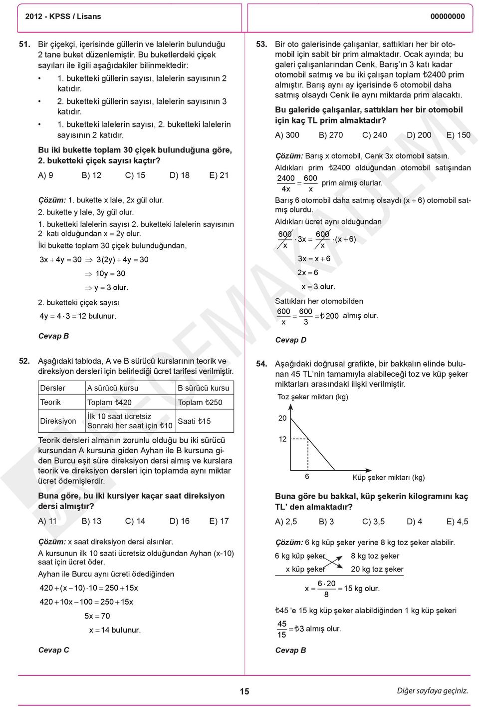 Bu iki bukette toplam 30 çiçek bulunduğuna göre,. buketteki çiçek sayısı kaçtır? A) 9 B) 1 C) 15 D) 18 E) 1 Çözüm: 1. bukette x lale, x gül olur.. bukette y lale, 3y gül olur. 1. buketteki lalelerin sayısı.