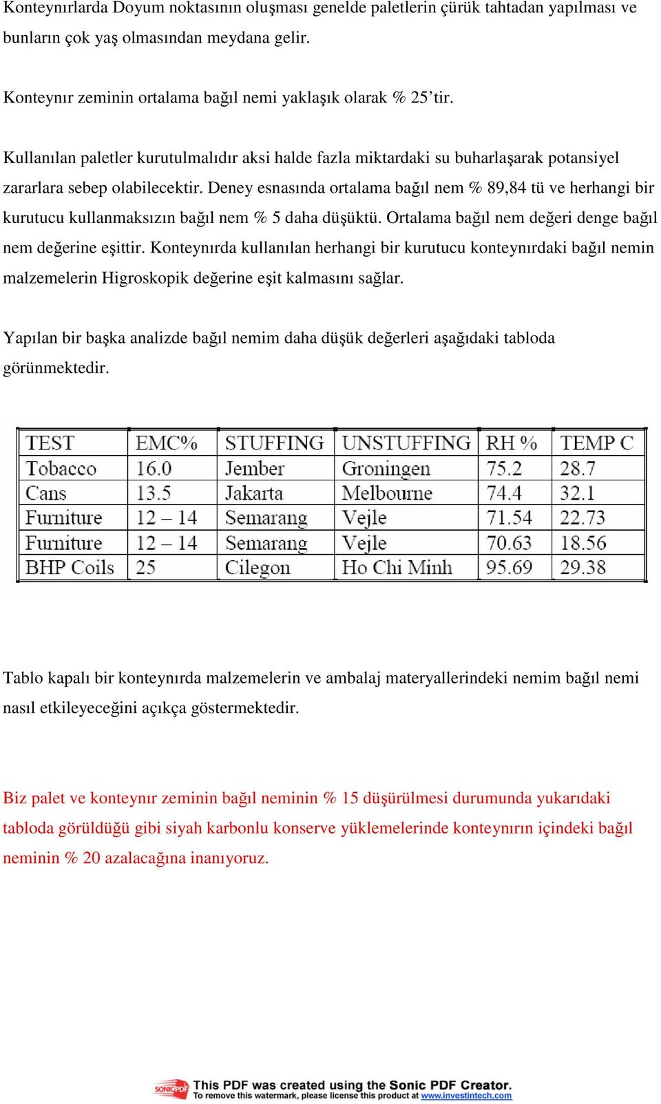 Deney esnasında ortalama bağıl nem % 89,84 tü ve herhangi bir kurutucu kullanmaksızın bağıl nem % 5 daha düşüktü. Ortalama bağıl nem değeri denge bağıl nem değerine eşittir.