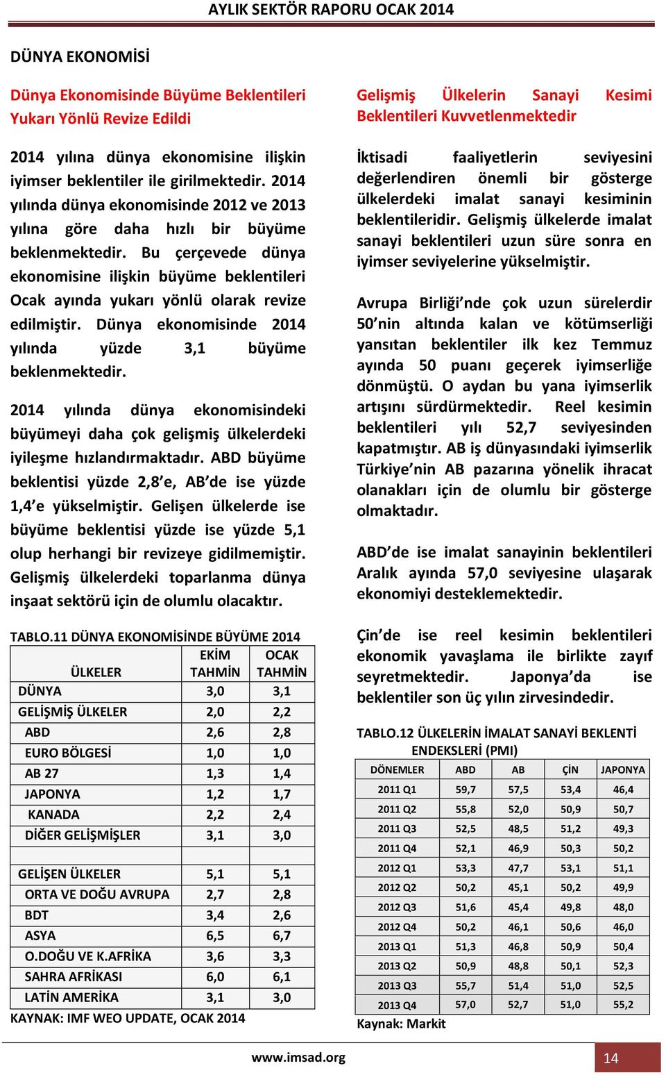 Bu çerçevede dünya ekonomisine ilişkin büyüme beklentileri Ocak ayında yukarı yönlü olarak revize edilmiştir. Dünya ekonomisinde 2014 yılında yüzde 3,1 büyüme beklenmektedir.