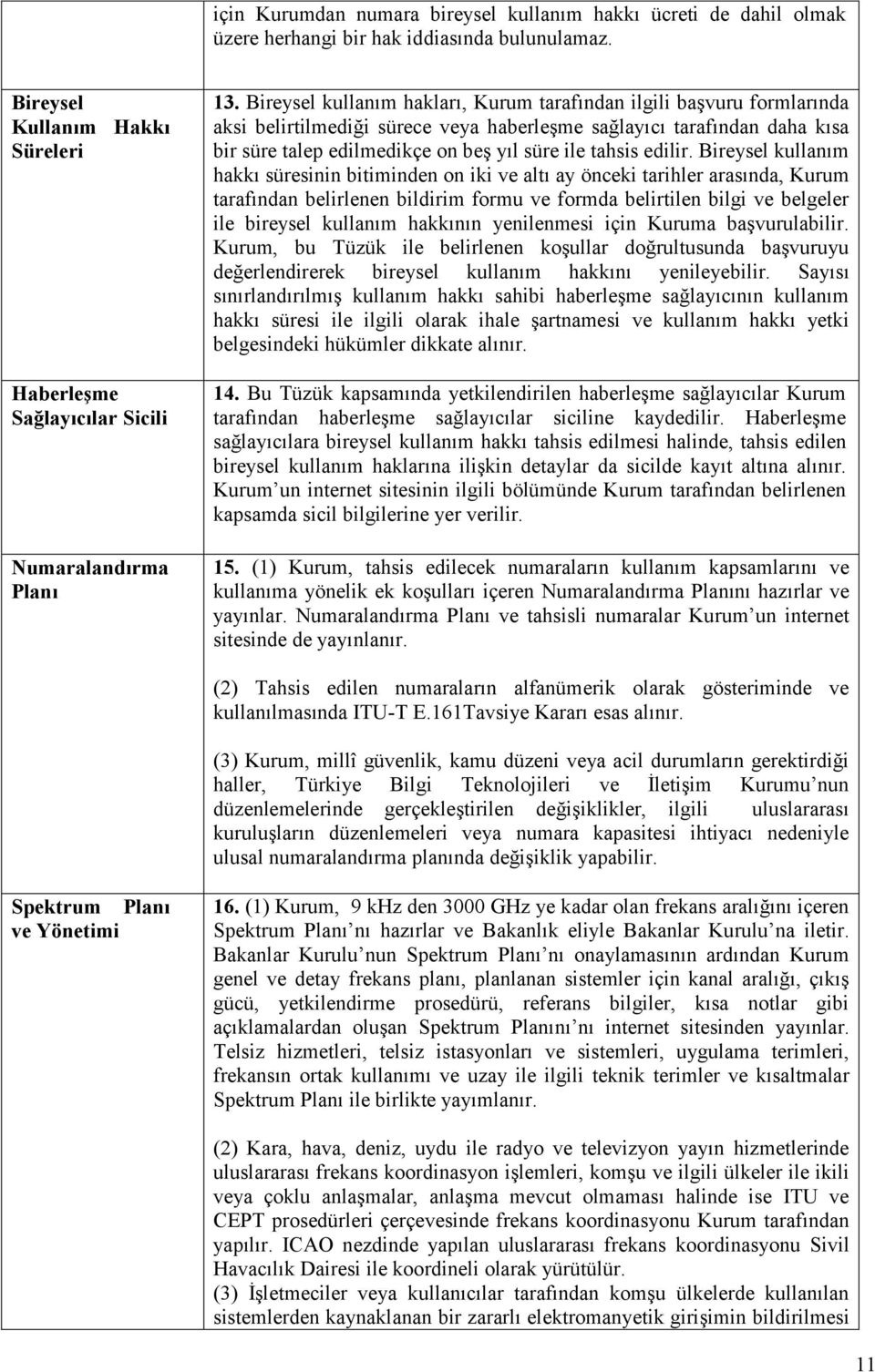 Bireysel kullanım hakları, Kurum tarafından ilgili başvuru formlarında aksi belirtilmediği sürece veya haberleşme sağlayıcı tarafından daha kısa bir süre talep edilmedikçe on beş yıl süre ile tahsis