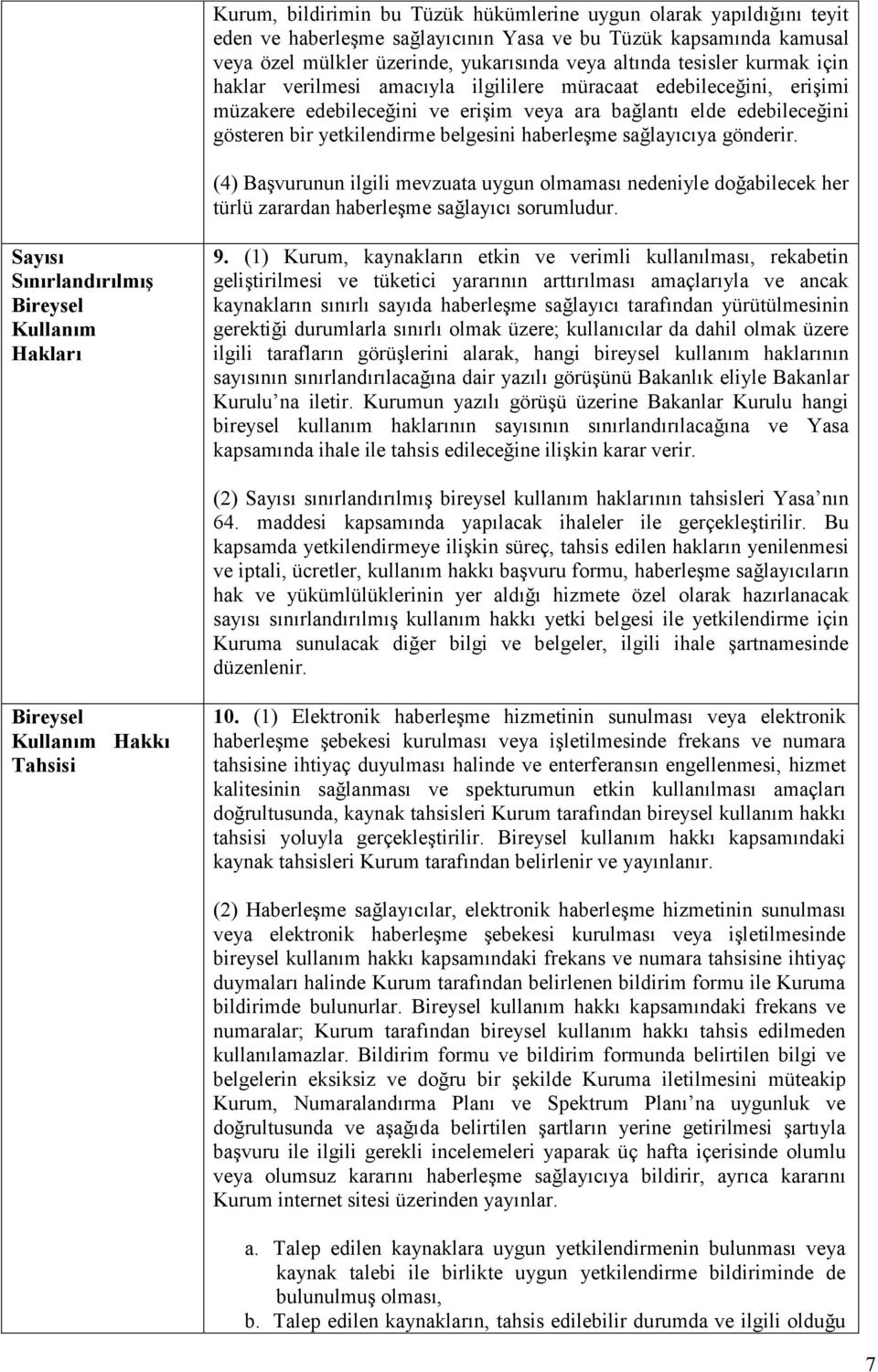 sağlayıcıya gönderir. (4) Başvurunun ilgili mevzuata uygun olmaması nedeniyle doğabilecek her türlü zarardan haberleşme sağlayıcı sorumludur. Sayısı Sınırlandırılmış Bireysel Kullanım Hakları 9.