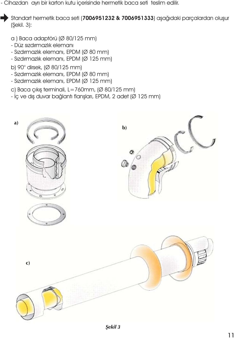 3): a ) Baca adaptörü (Ø 80/125 mm) - Düz sýzdýrmazlýk elemaný - Sýzdýrmazlýk elemaný, EPDM (Ø 80 mm) - Sýzdýrmazlýk elemaný, EPDM (Ø