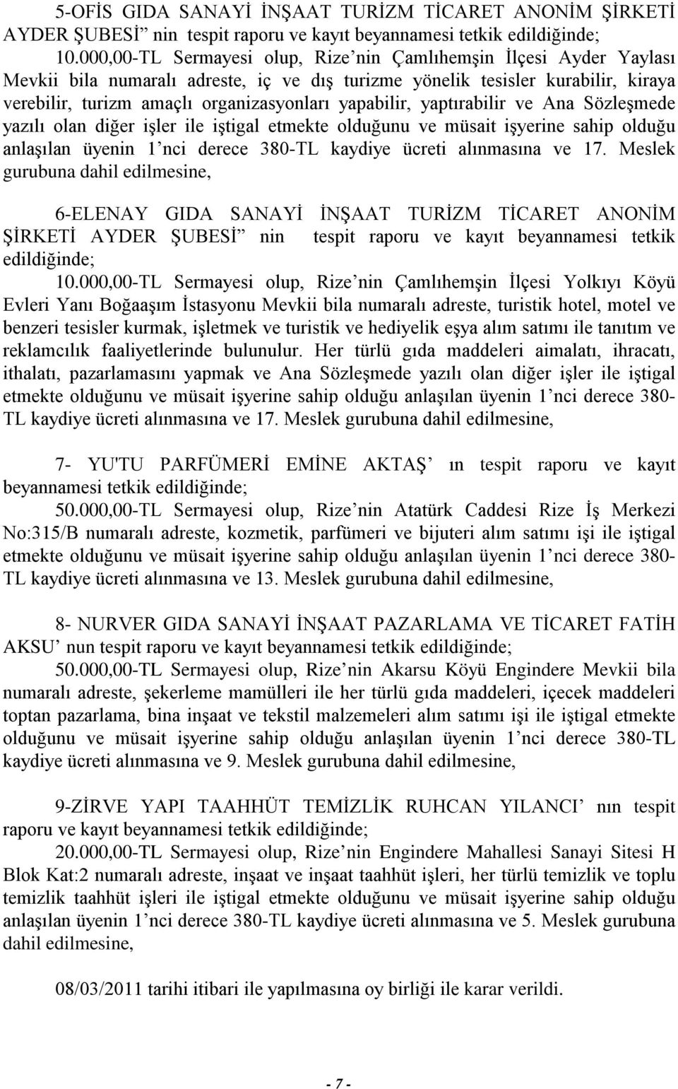 yapabilir, yaptırabilir ve Ana Sözleşmede yazılı olan diğer işler ile iştigal etmekte olduğunu ve müsait işyerine sahip olduğu anlaşılan üyenin 1 nci derece 380-TL kaydiye ücreti alınmasına ve 17.