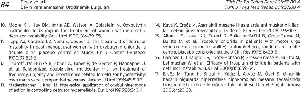 The treatment of detrusor instability in post menopausal women with oxybutynin chloride: a double blind placebo controlled study. Br J Obstet Gynaecol 1990;97:521-6. 12.
