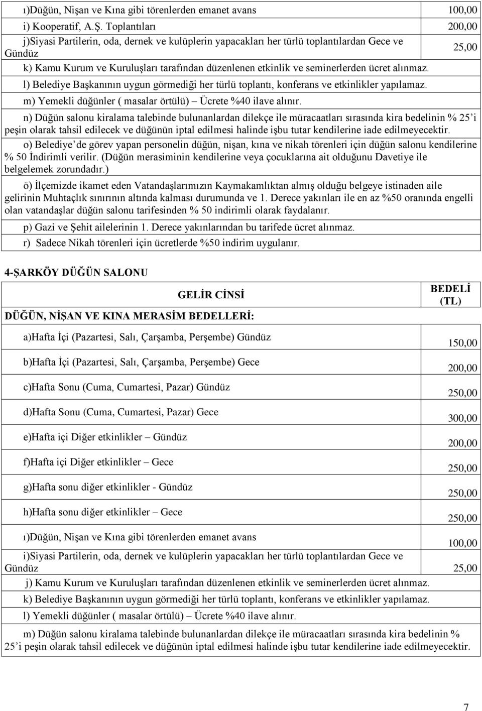 seminerlerden ücret alınmaz. l) Belediye Başkanının uygun görmediği her türlü toplantı, konferans ve etkinlikler yapılamaz. m) Yemekli düğünler ( masalar örtülü) Ücrete %40 ilave alınır.