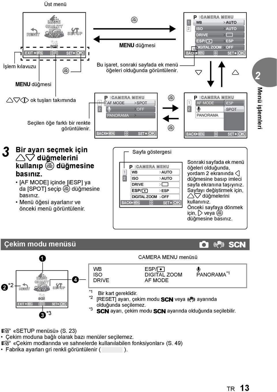 [AF MODE] içinde [iesp] ya da [SPOT] seçip o düğmesine basınız. Menü öğesi ayarlanır ve önceki menü görüntülenir.