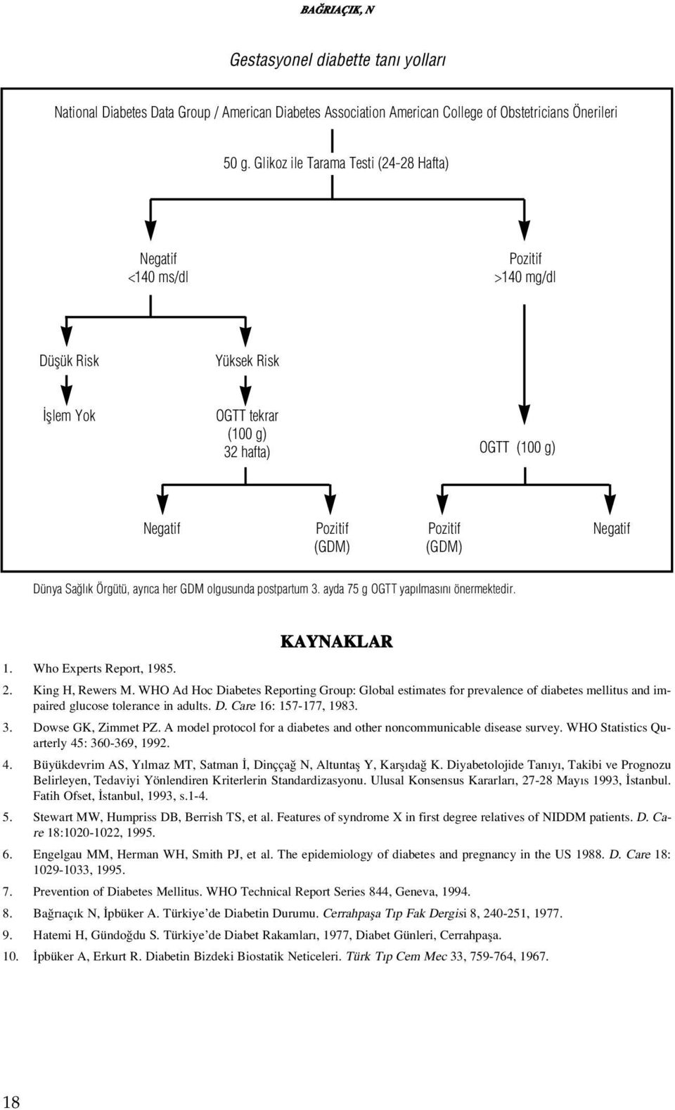 Sa l k Örgütü, ayr ca her GDM olgusunda postpartum 3. ayda 75 g OGTT yap lmas n önermektedir. KAYNAKLAR 1. Who Experts Report, 1985. 2. King H, Rewers M.