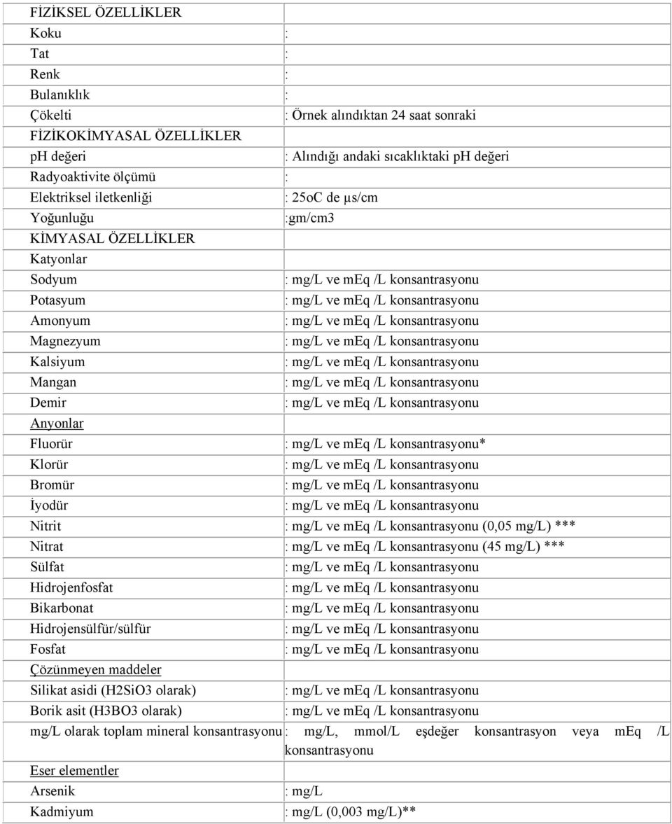 değeri : 25oC de µs/cm :gm/cm3 * Nitrit (0,05 mg/l) *** Nitrat (45 mg/l) *** Sülfat Hidrojenfosfat Bikarbonat Hidrojensülfür/sülfür Fosfat Çözünmeyen maddeler Silikat asidi